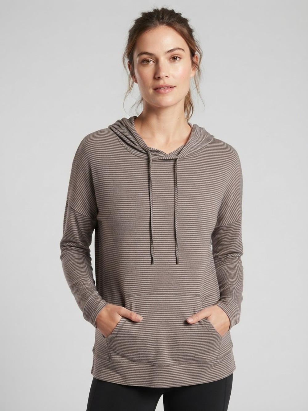 Beyond Yoga Taupe Striped Hooded Pullover Sweater